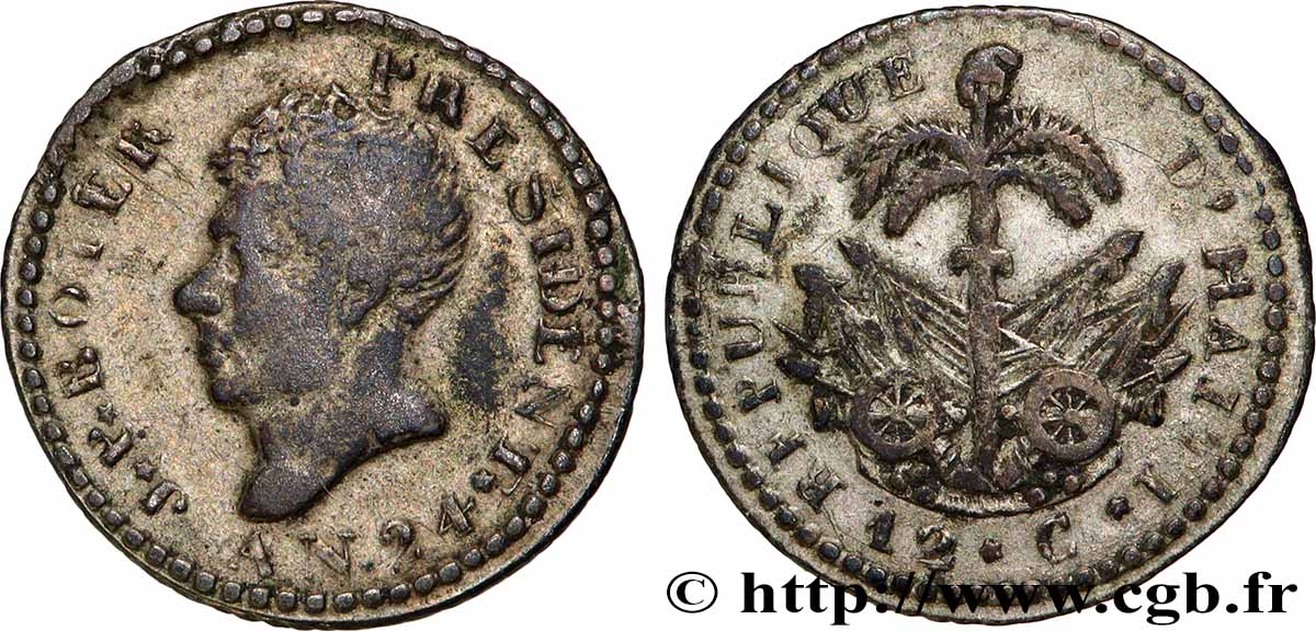 HAÏTI 12 Centimes Jean-Pierre Boyer an 24 1827  TB+ 