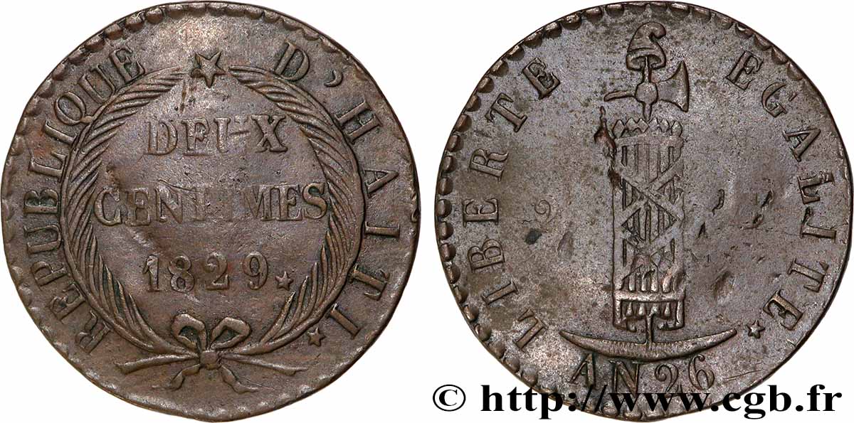 HAITI 2 Centimes faisceau, an 26 1829  SS 