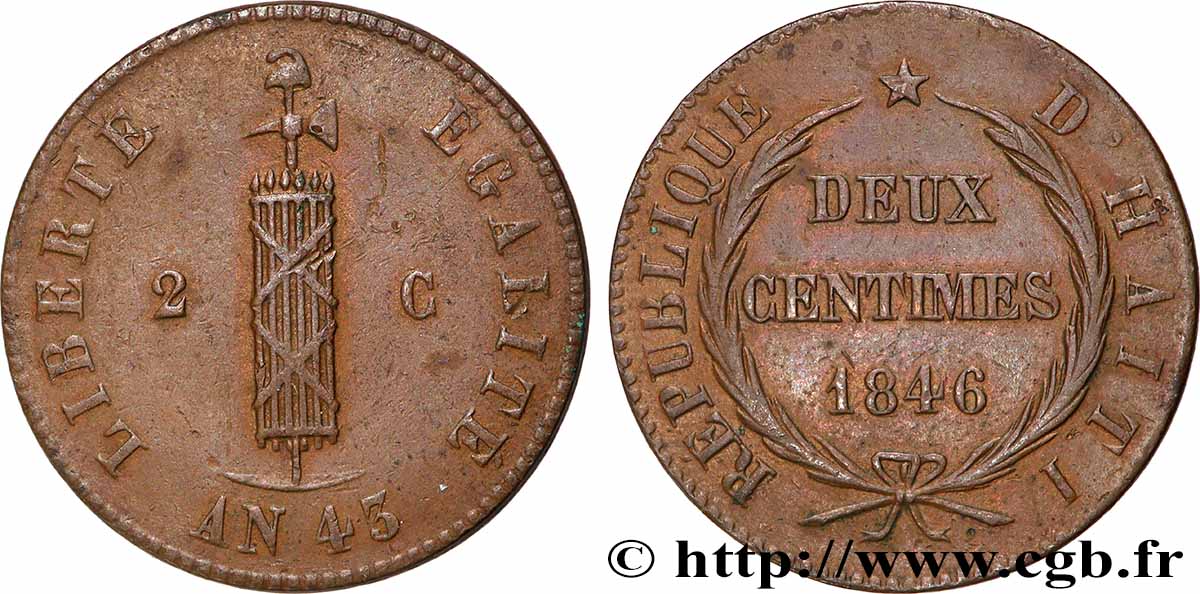 HAITI 2 Centimes faisceau, an 43 1846  XF 