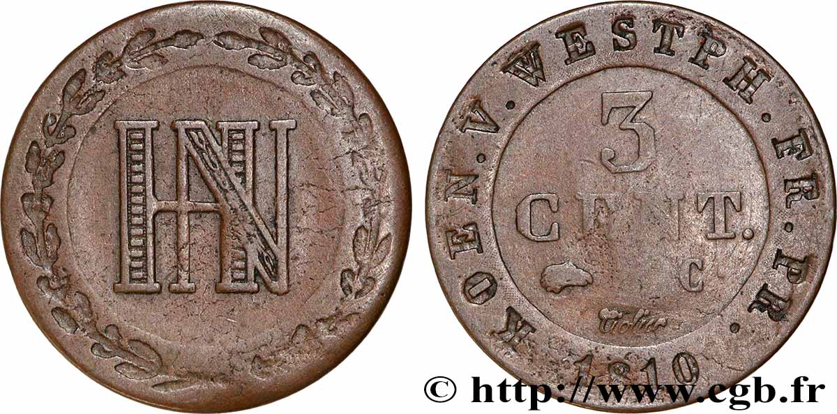 GERMANY - KINGDOM OF WESTPHALIA - JÉRÔME NAPOLÉON 3 Centimes 1810 Cassel VF 