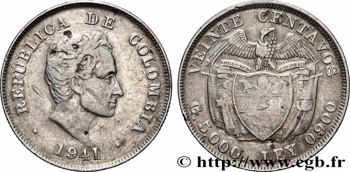 COLOMBIE 20 Centavos Simon Bolivar 1941  TB+ 