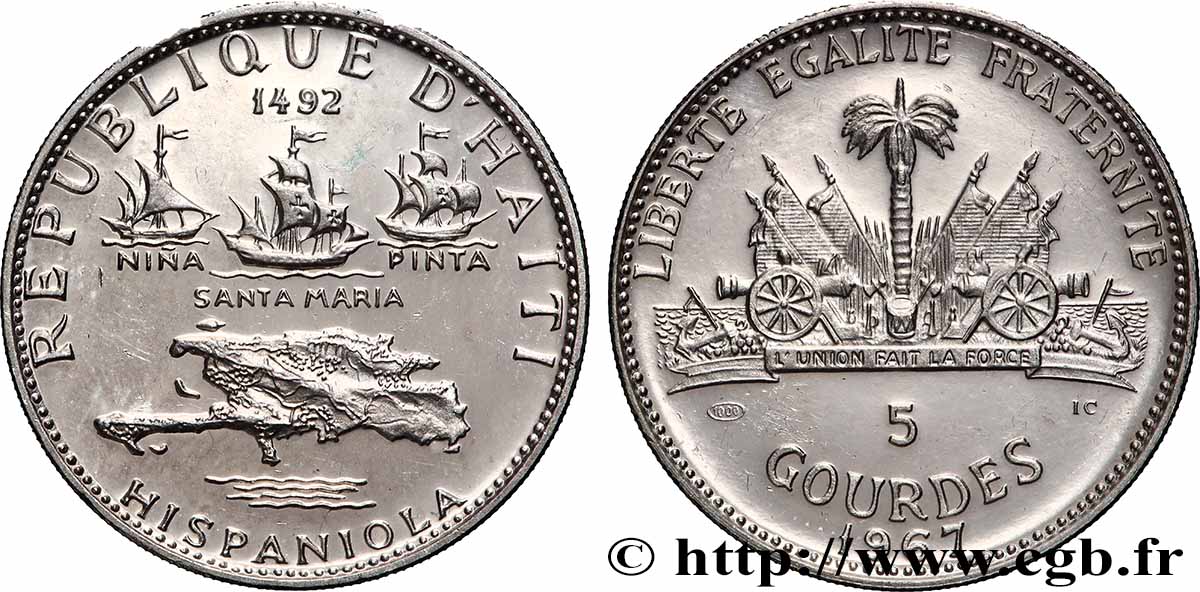 HAITI 5 Gourdes découverte d’hispaniola par Christophe Colomb 1967  MS 