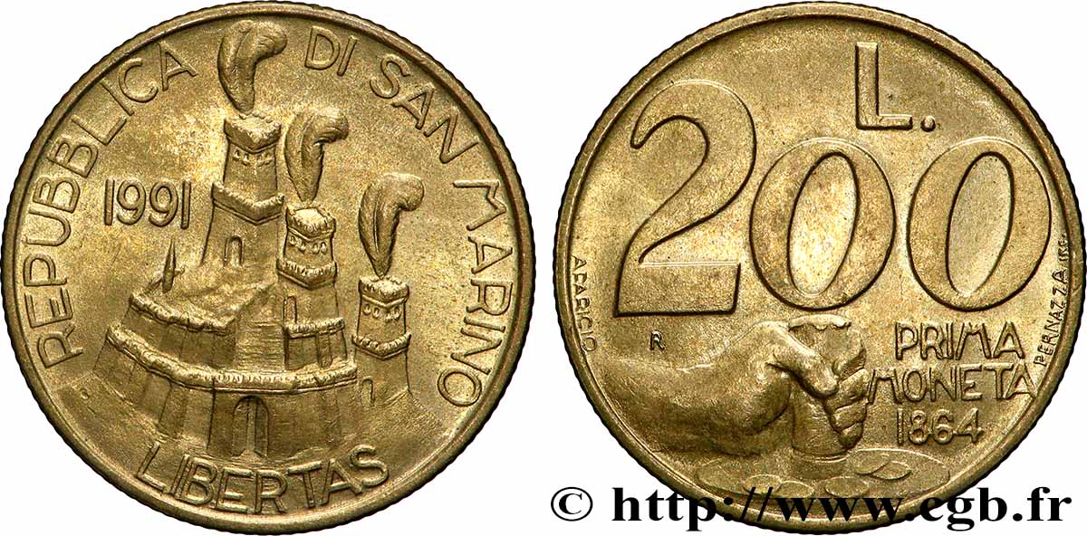 SAN MARINO 200 Lire commémoration de la première frappe monétaire en 1864 : vue des 3 chateaux /  frappe d’un coin 1991 Rome - R SPL 