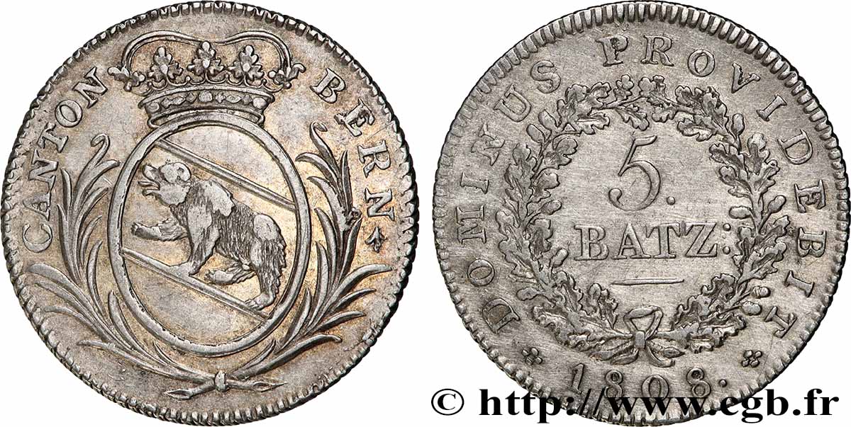 SWITZERLAND - CANTON OF BERN 5 Batzen - Canton de Berne 1808  AU/AU 