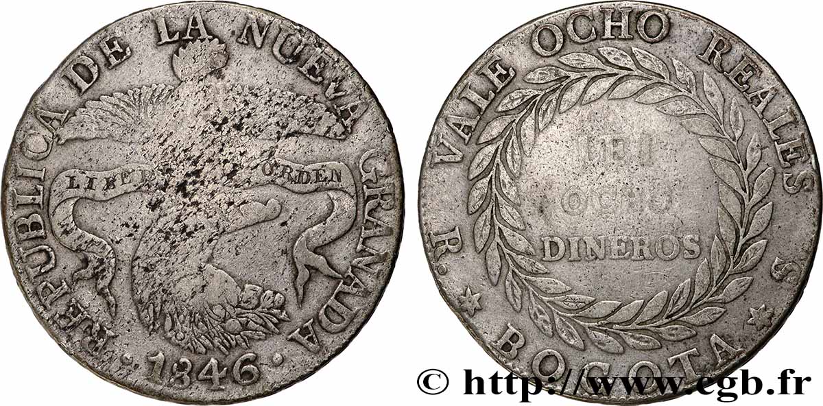 COLOMBIE - RÉPUBLIQUE DE NOUVELLE GRENADE 8 Dineros 1846 Bogota TB+ 