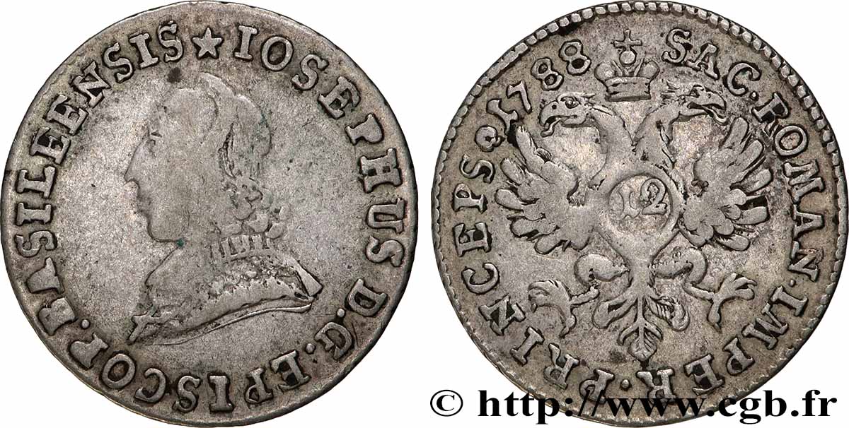 SUISSE - VILLE DE BÂLE 12 Kreuzer Évéché de Bâle - Joseph Sigismund von Roggenbach 1788  TTB 