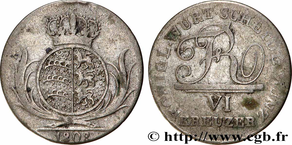ALLEMAGNE - WURTEMBERG 6 Kreuzer Frédéric Ier 1808  TB+ 