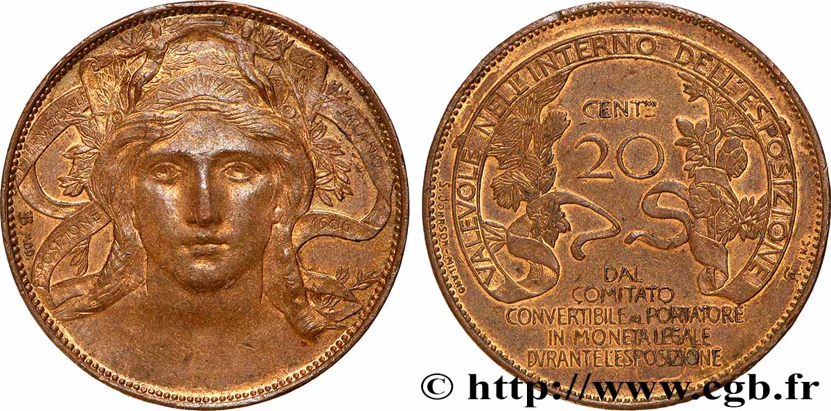 ITALY 20 Centesimi Exposition Internationale de Milan 1906  AU 