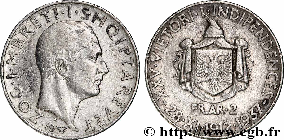 ALBANIE 2 Franga Ari Zog Ier 1937 Rome TTB+ 