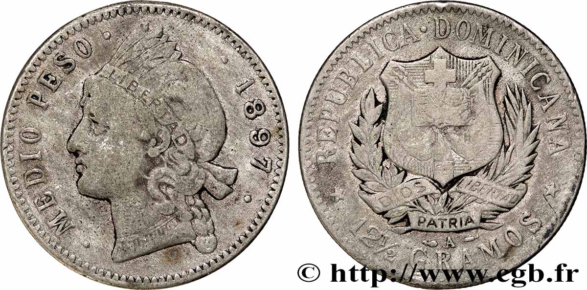 RÉPUBLIQUE DOMINICAINE 1/2 Pesos 1897  TB+ 