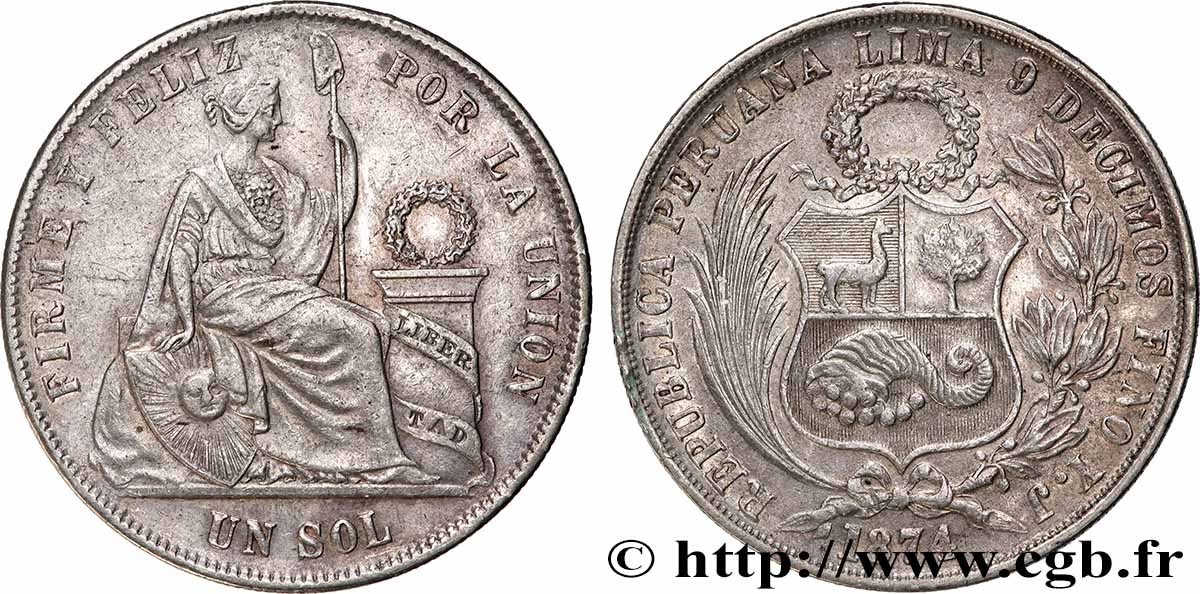 PERU 1 Sol “Liberté” assise 1874 Lima AU 