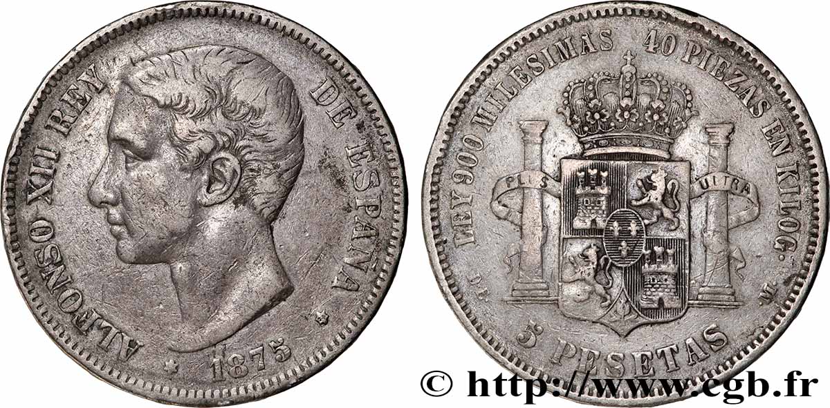 ESPAGNE - ROYAUME D&nbsp;ESPAGNE - ALPHONSE XII 5 Pesetas  1875 Madrid TTB 