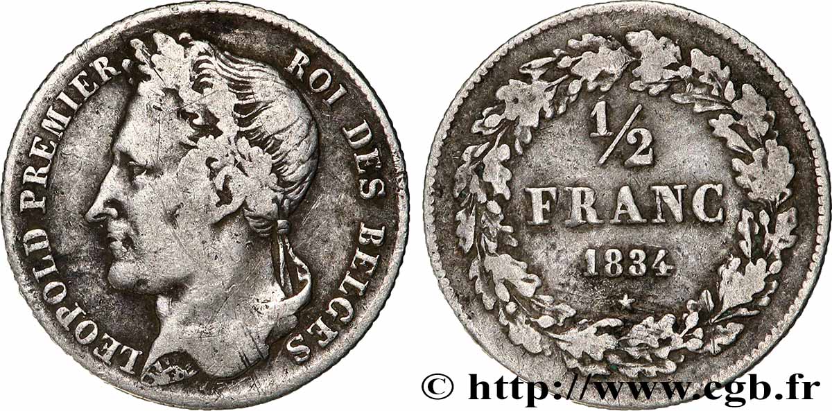 BELGIUM 1/2 Franc Léopold tête laurée 1834  VF 