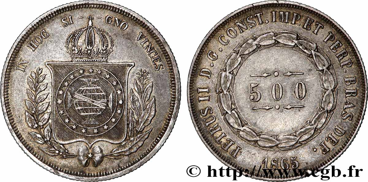 BRÉSIL 500 Reis Empereur Pierre II 1865  TTB+ 