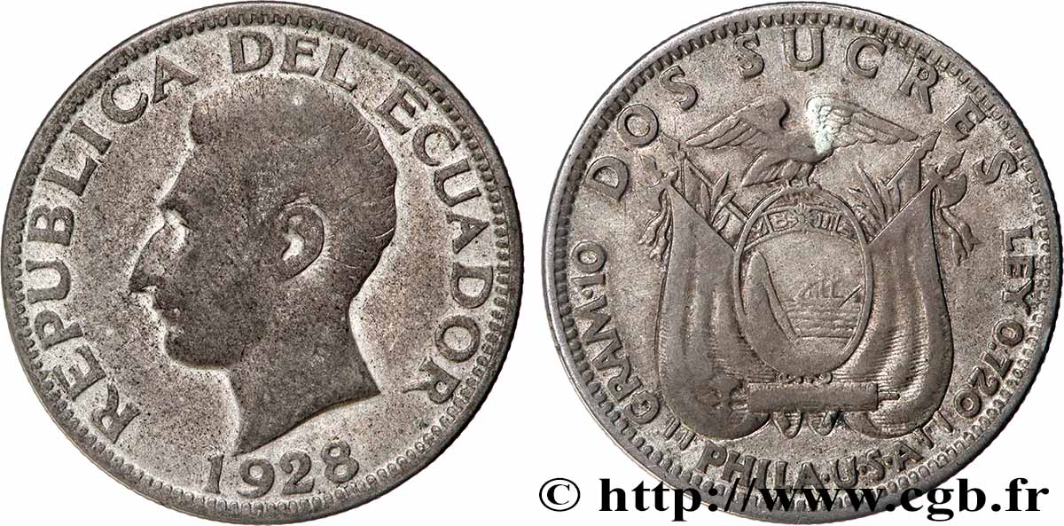 ÉQUATEUR 2 Sucre 1928 Philadelphie TB+ 