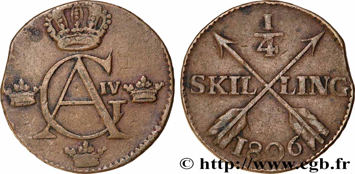 SUÈDE 1/4 Skilling Gustave IV Adolphe 1806  TTB 