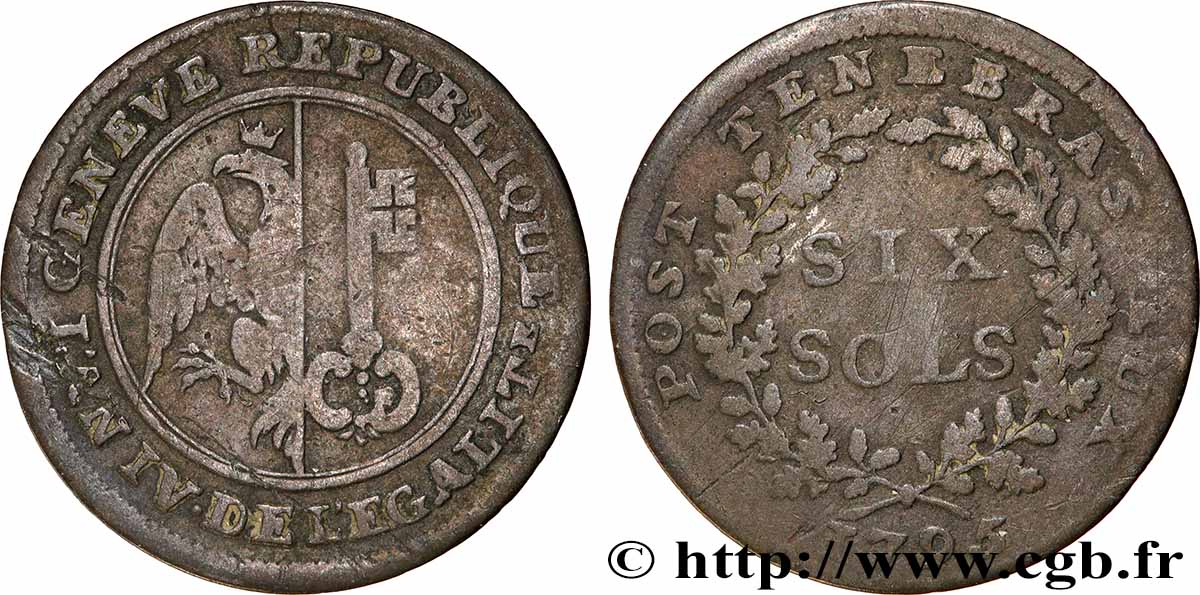 SUISSE - RÉPUBLIQUE DE GENÈVE 6 Sols Deniers République de Genève monnayage réformé de 1795-1798 1795  TB+ 