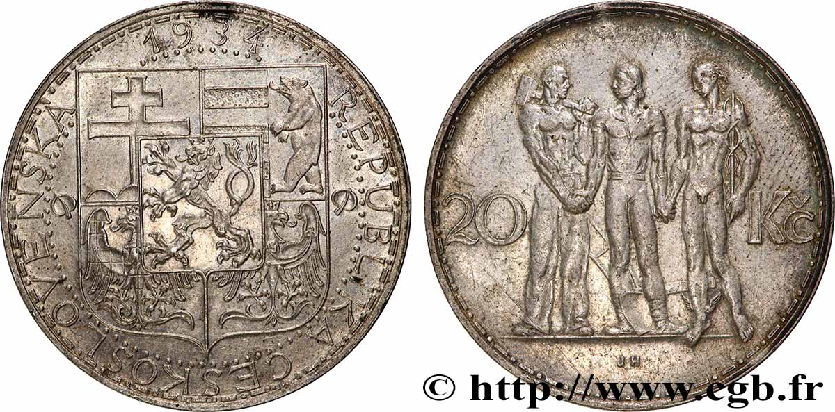 TCHÉCOSLOVAQUIE 20 Korun Industrie, Agriculture et Commerce 1934  SUP/TTB+ 
