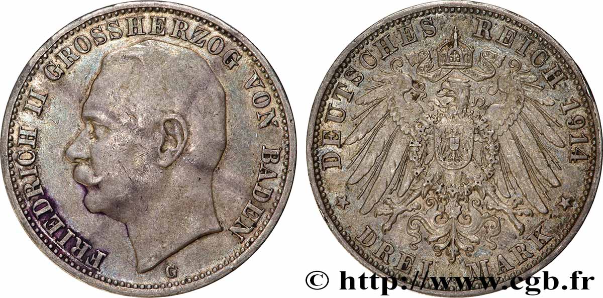 ALLEMAGNE - BADE 3 Mark Frédéric II 1914 Karlsruhe TTB 