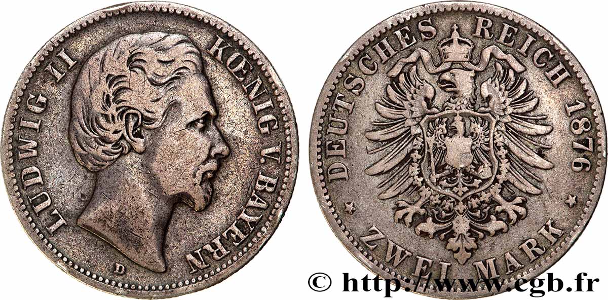 ALLEMAGNE - ROYAUME DE BAVIÈRE - LOUIS II 2 Mark  1876 Munich TB+ 