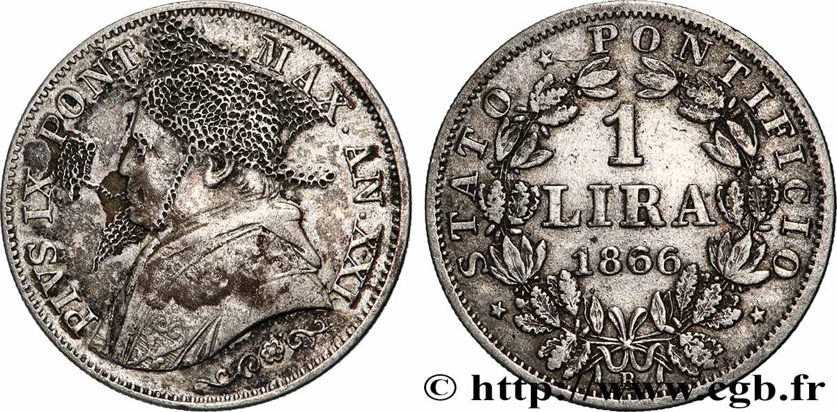 VATICAN ET ÉTATS PONTIFICAUX 1 Lire Pie IX type petit buste an XXI, satyrique  1866 Rome TB+ 