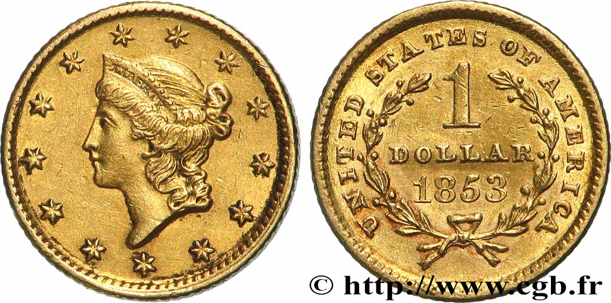 UNITED STATES OF AMERICA 1 Dollar &nbsp;Liberty head&nbsp; 1er type 1853 Philadelphie AU 