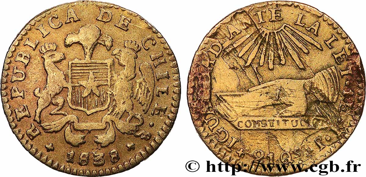 CHILI - RÉPUBLIQUE 1 Escudo 1838 Santiago TB+ 