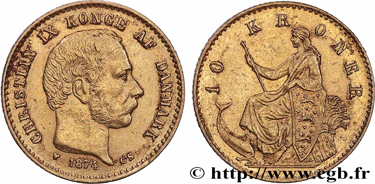 DANEMARK - ROYAUME DU DANEMARK - CHRISTIAN IX 10 Kroner  1874 Copenhague SUP 
