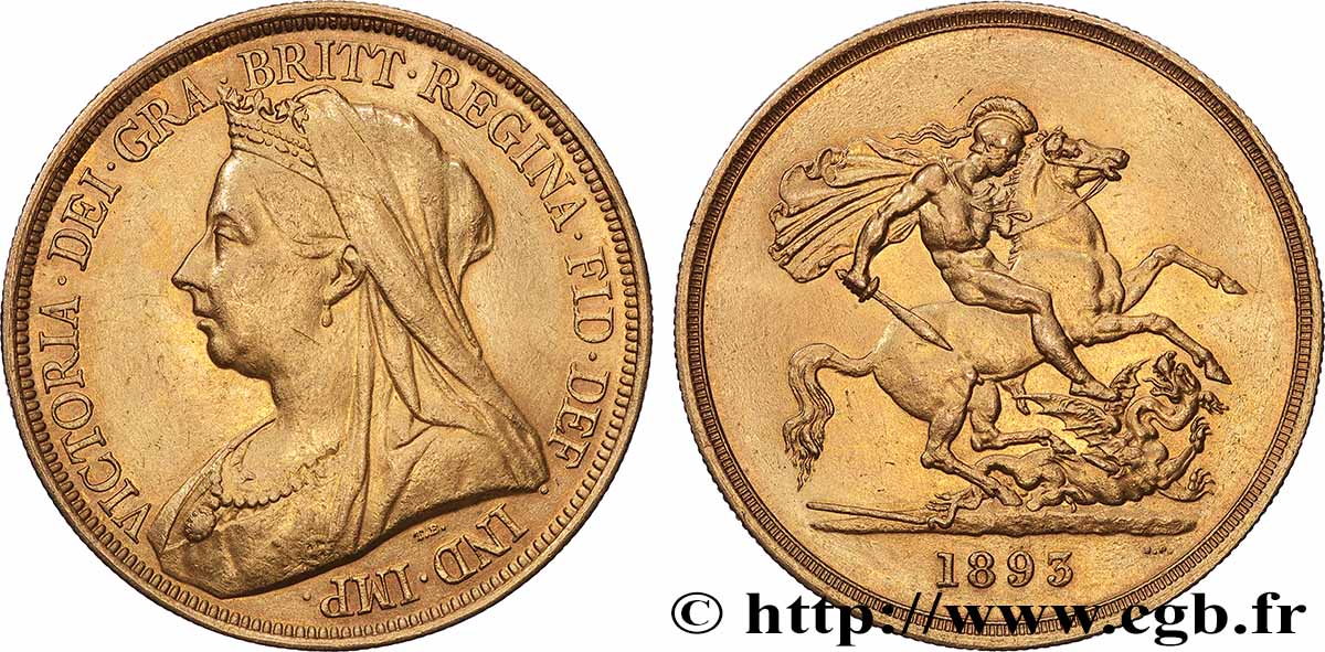 GRANDE BRETAGNE - VICTORIA 5 Pounds (cinq souverains) 1893 Londres SUP 