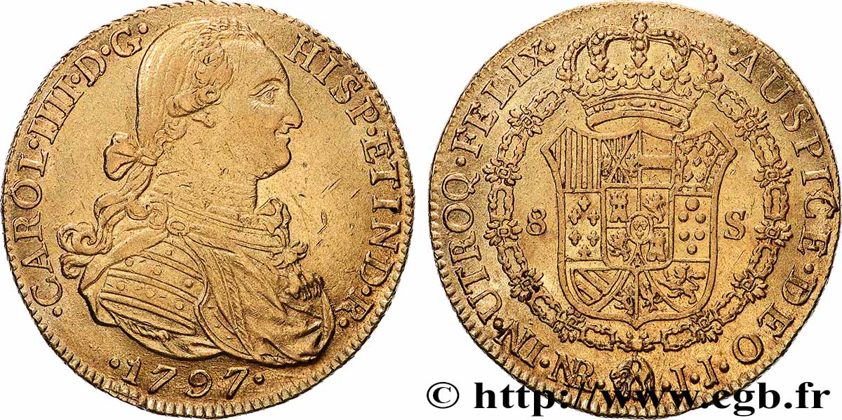 COLOMBIE - CHARLES IV 8 Escudos 1797 Nuevo Reino (Bogota) TTB+ 