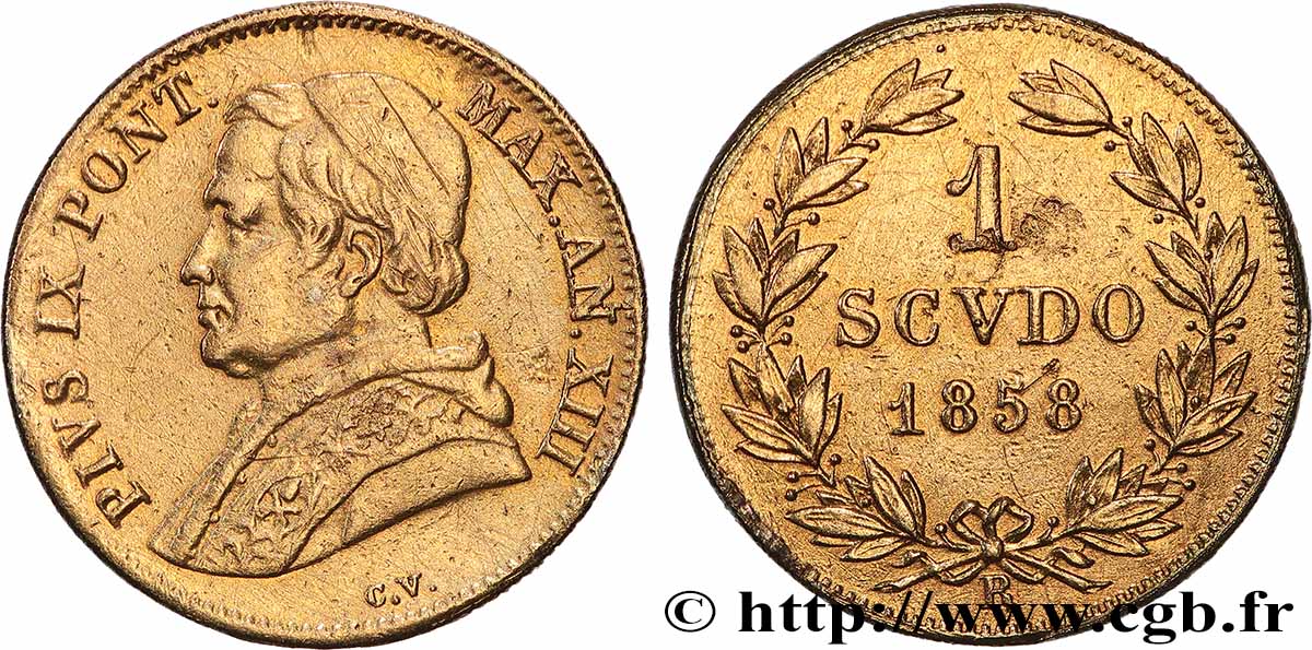 ITALIA - ESTADOS PONTIFICOS - PIE IX (Giovanni Maria Mastai Ferrettii) 1 Scudo or an XIII 1858 Rome MBC+ 