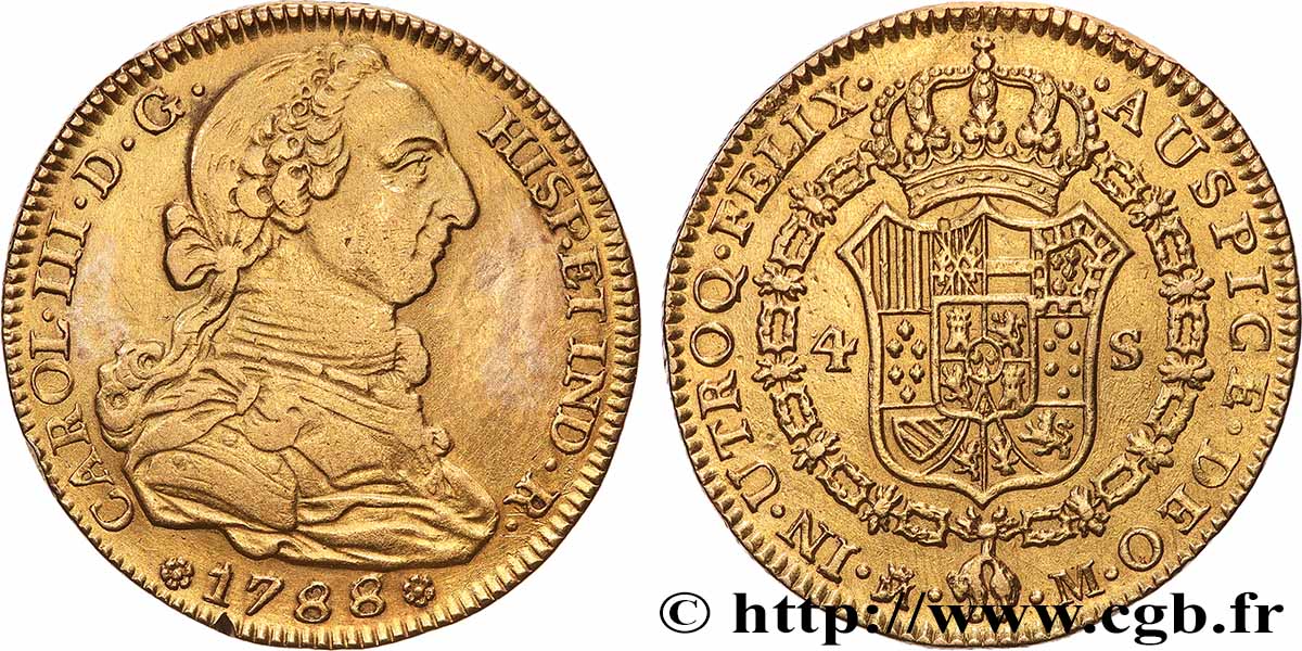 ESPAGNE - ROYAUME D&nbsp;ESPAGNE - CHARLES III 4 Escudos 1788 Madrid TTB+ 