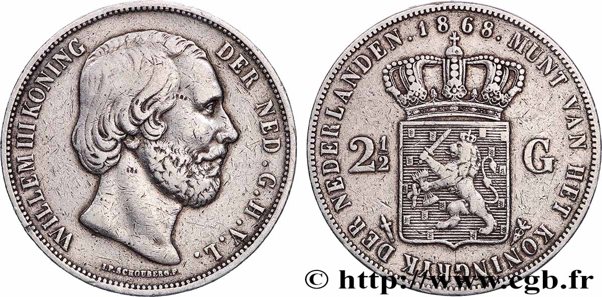 PAYS-BAS 2 1/2 Gulden Guillaume III 1868 Utrecht TTB 