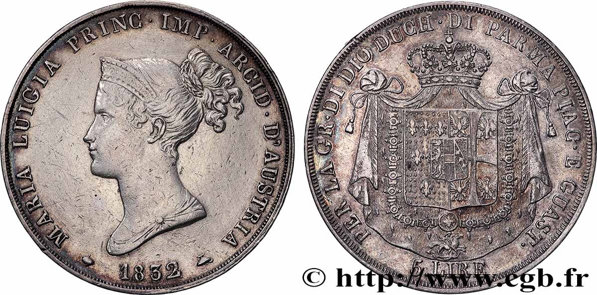 ITALIEN - HERZOGTUM PARMA PIACENZA UND GUASTALLA - MARIE-LOUISE VON ÖSTERREICH 5 Lire 1832 Milan SS/fVZ 