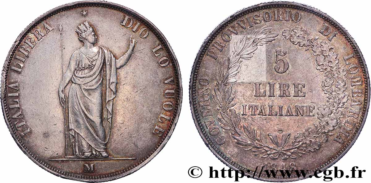 ITALIE - LOMBARDIE 5 Lire Gouvernement provisoire de Lombardie 1848 Milan TTB+ 
