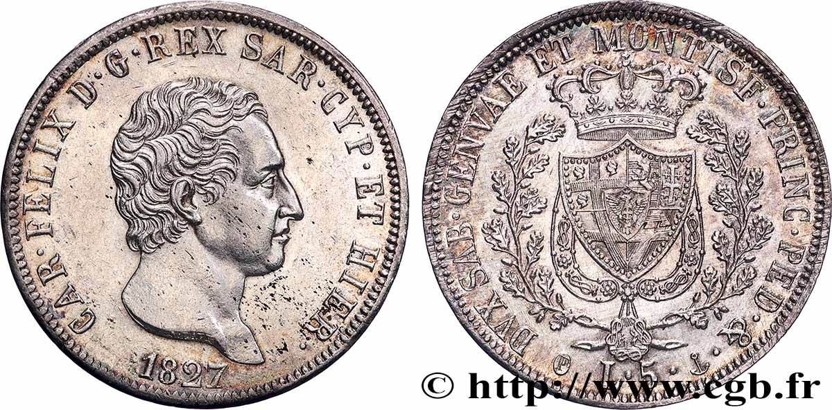 ITALIE - ROYAUME DE SARDAIGNE - CHARLES-FÉLIX 5 Lire  1827 Gênes SUP+ 