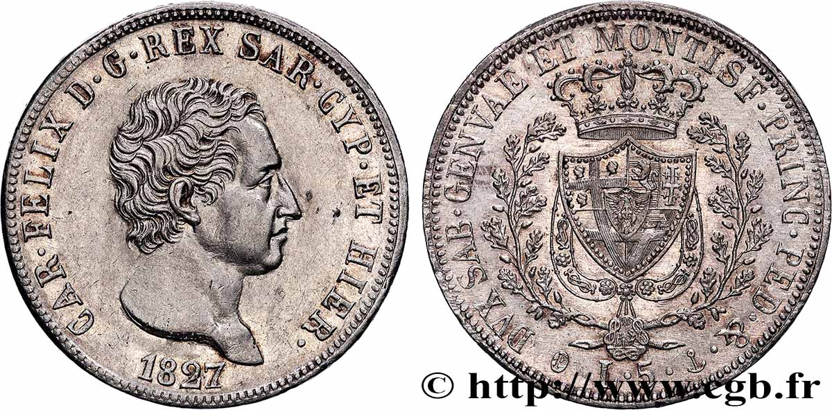 ITALIA - REINO DE CERDEÑA  - CARLO FÉLIX 5 Lire  1827 Gênes EBC 