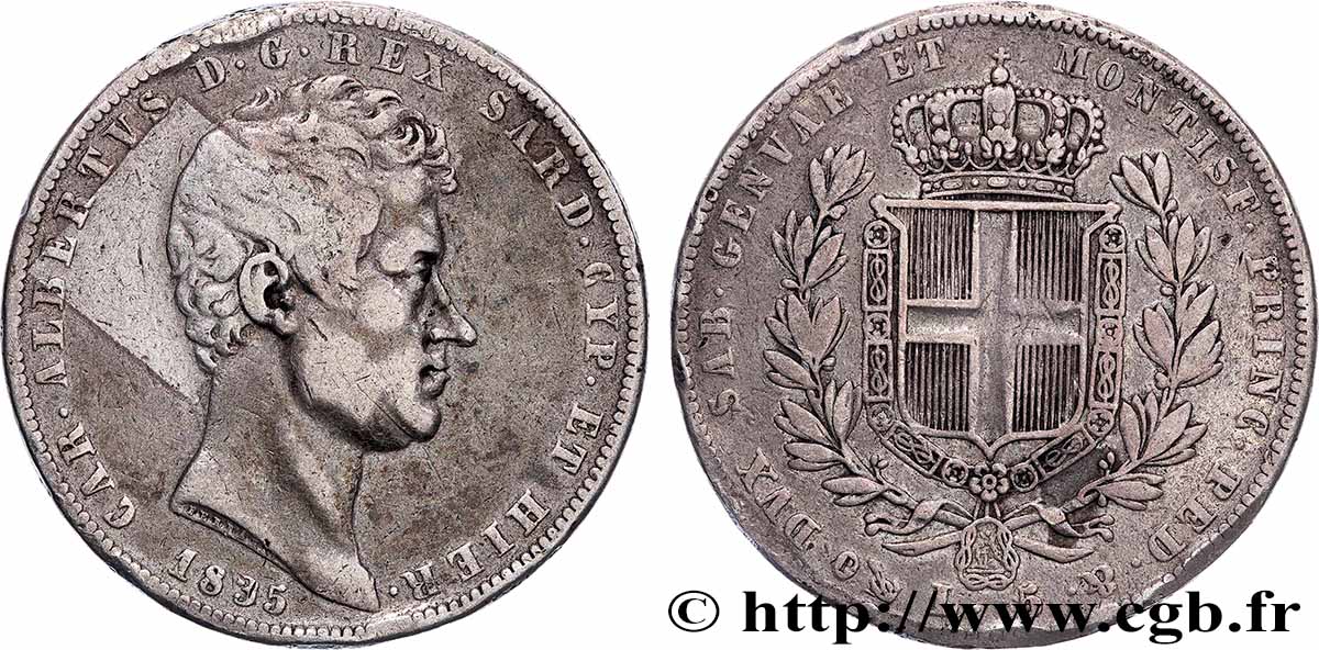 ITALIE - ROYAUME DE SARDAIGNE 5 Lire Charles Albert 1835 Gênes TB+ 