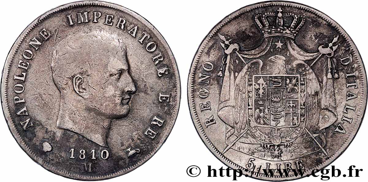 ITALIE - ROYAUME D&nbsp;ITALIE - NAPOLÉON Ier 5 Lire 1810 Milan TB 