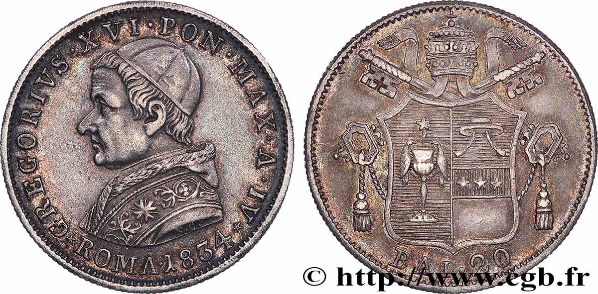 ITALIEN - KIRCHENSTAAT - GREGOR XVI. 20 Baiocchi an IV 1834 Rome fVZ 