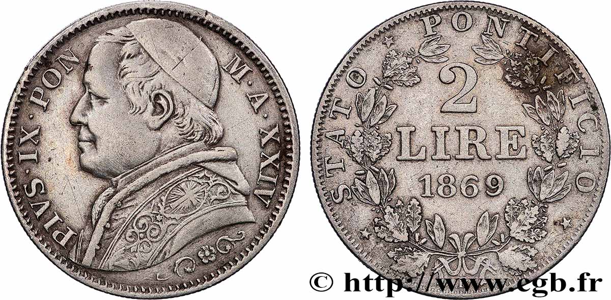 VATIKANSTAAT UND KIRCHENSTAAT 2 Lire Pie IX an XXIV 1869 Rome SS 