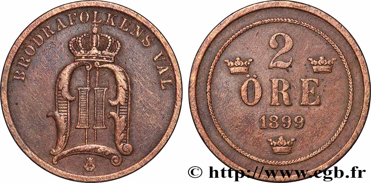SWEDEN 2 Ore Oscar II 1899 Kungsholmen XF 