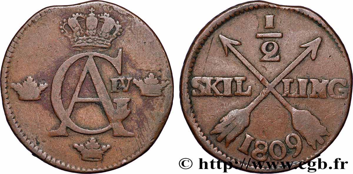 SVEZIA 1/2 Skilling Gustave IV Adolphe 1809 Kungsholmen q.BB 