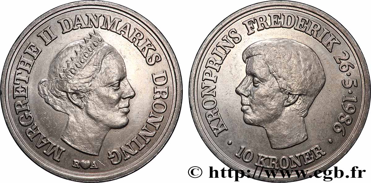 DINAMARCA 10 Kroner reine Margrethe II - 18 ans du prince Frederik 1986 Copenhague MS 