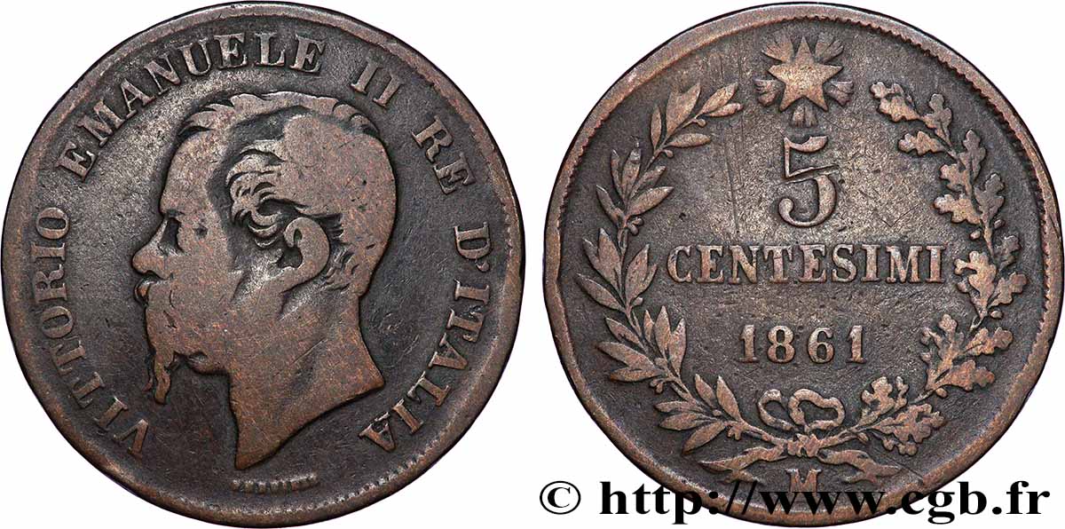 ITALIE 5 Centesimi Victor Emmanuel II 1861 Milan TB 