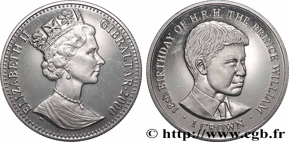 GIBILTERRA 1 Crown Proof 18e anniversaire du Prince William 2000 Pobjoy Mint MS 