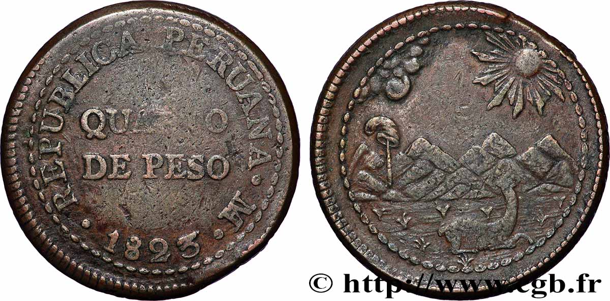 PÉROU 1/4 Peso monnayage provisoire républicain 1823 Lima TB+ 