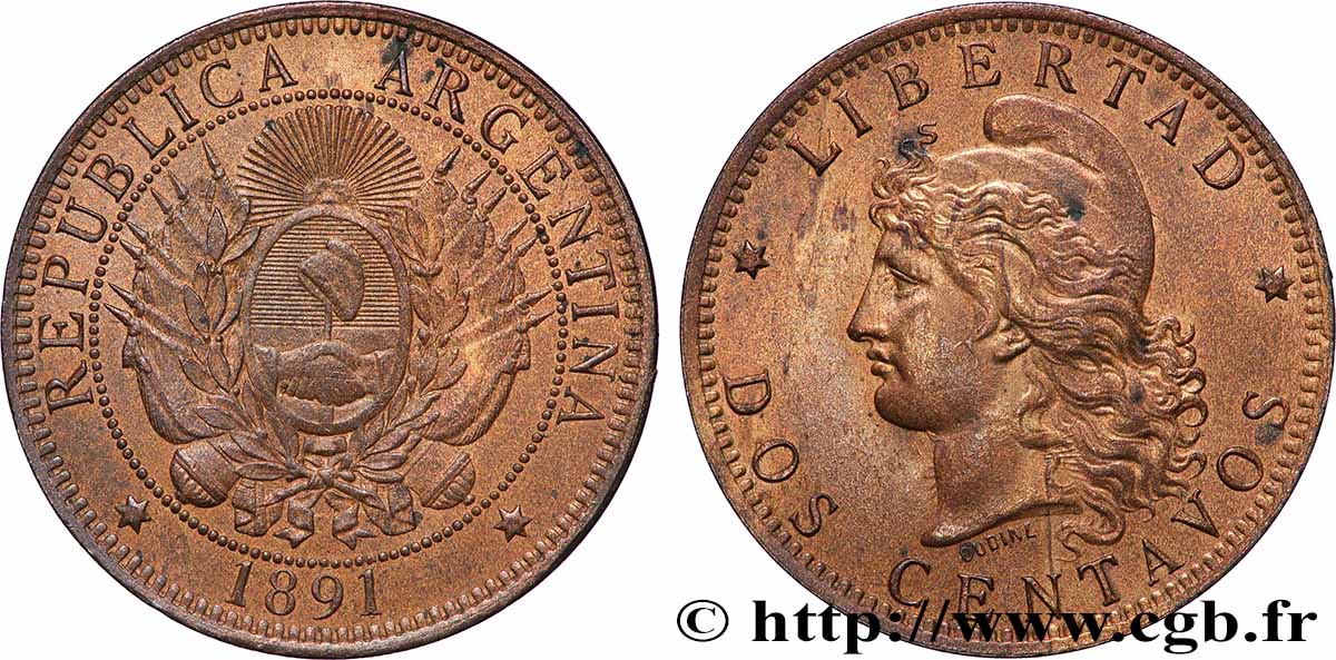 ARGENTINE 2 Centavos emblème / “Liberté” 1891  TTB 