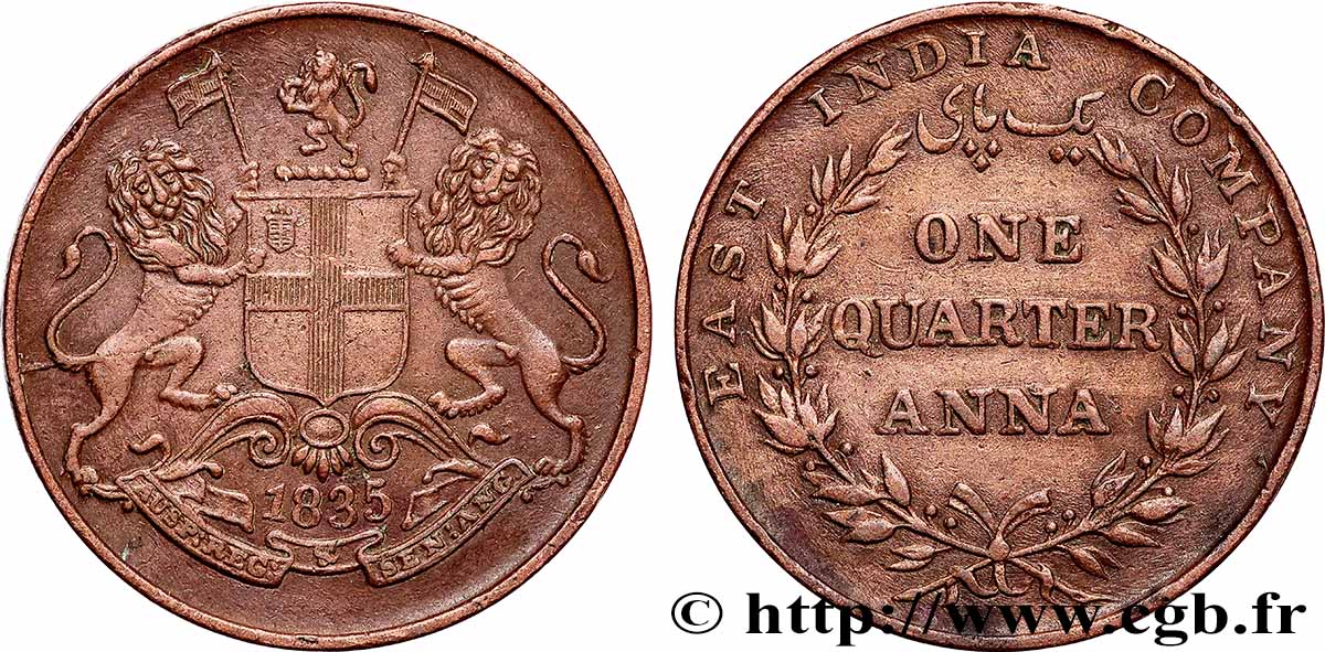 INDES BRITANNIQUES 1/4 Anna East India Company 1835 Calcutta TTB 