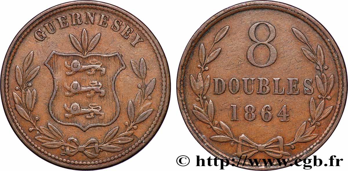 GUERNESEY 8 Doubles armes du baillage de Guernesey 1864 Heaton TTB 
